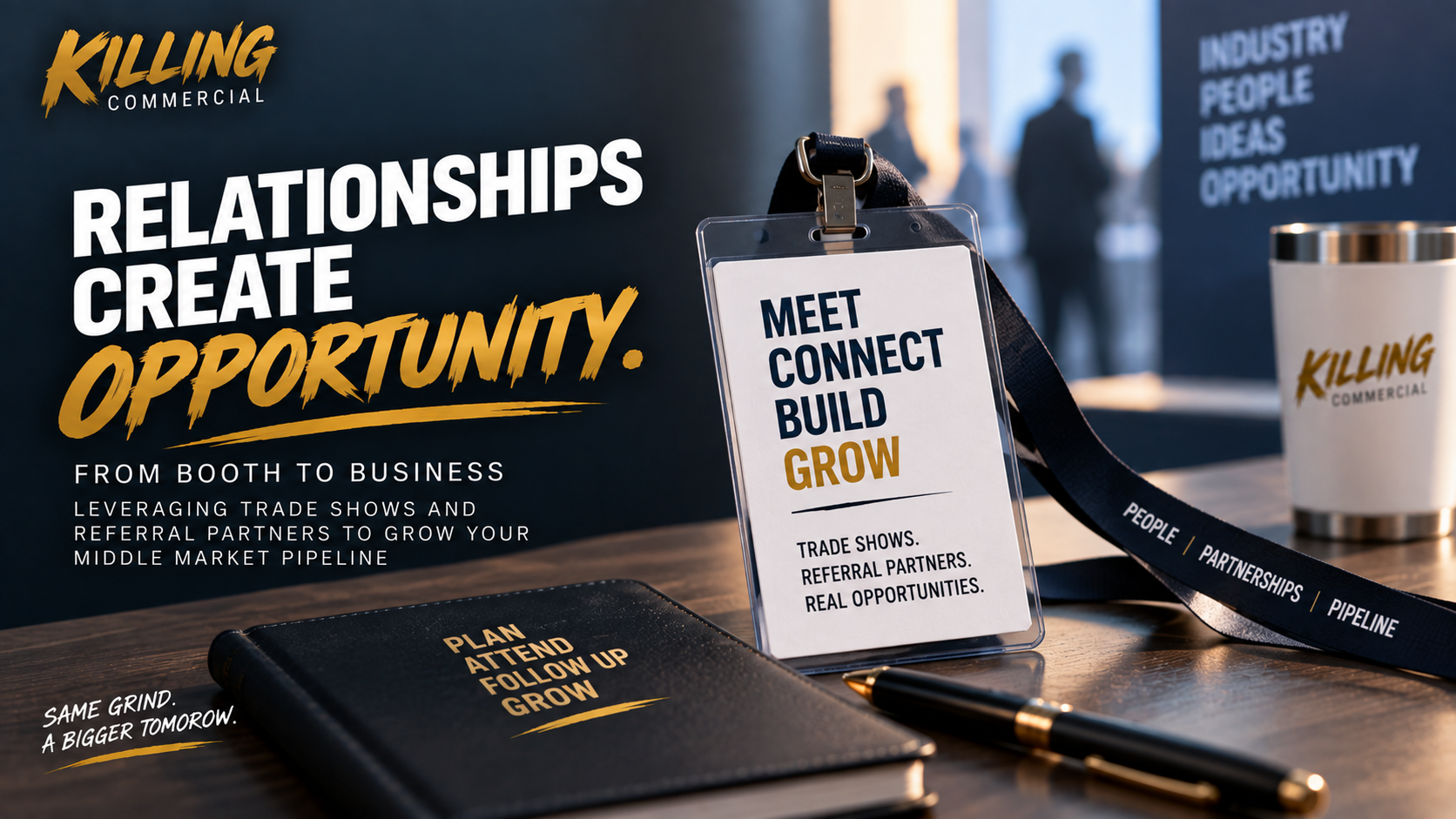 Trade show networking strategy focused on building referral partnerships and creating middle market opportunities.