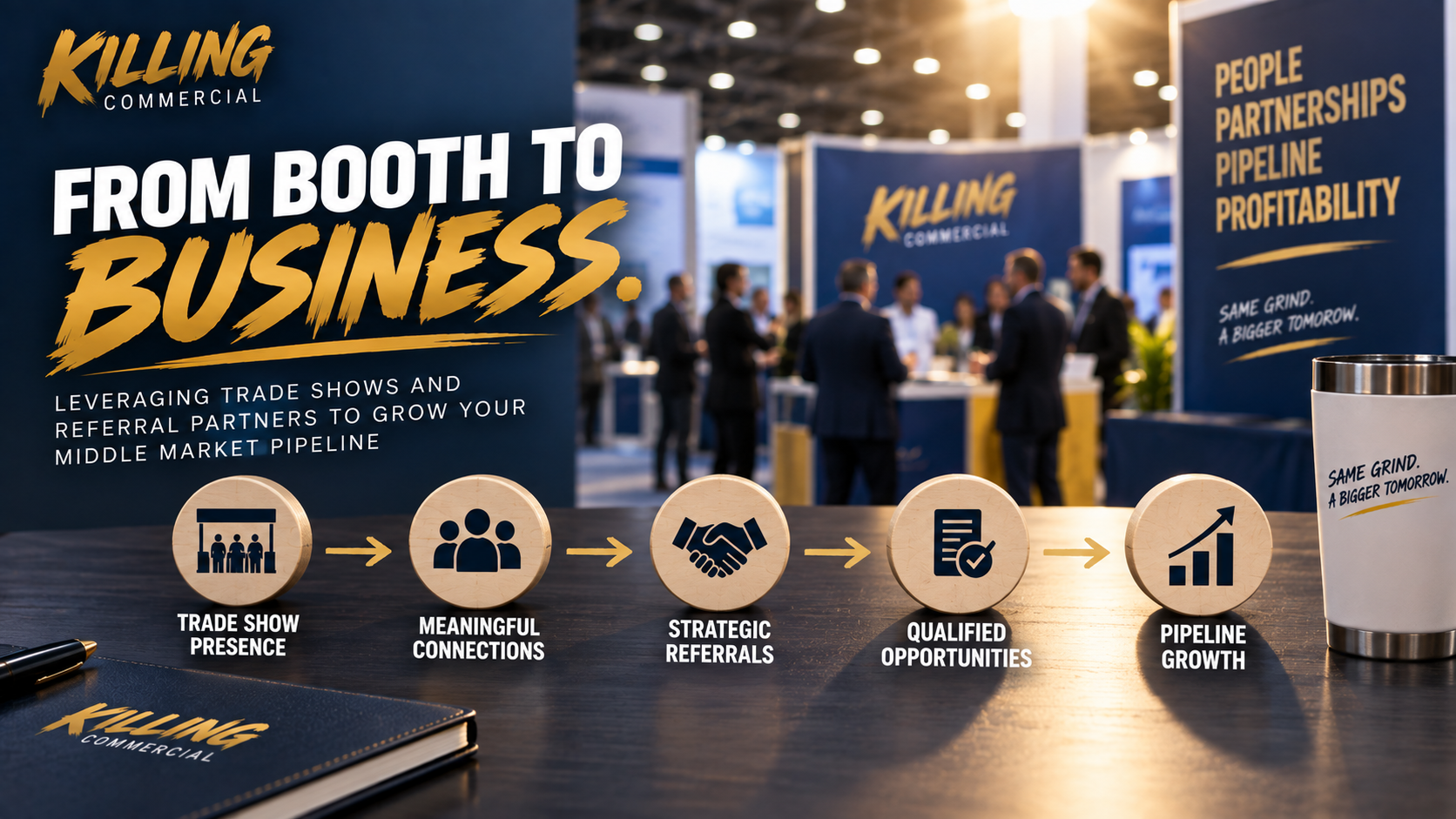 Trade show strategy progressing from meaningful connections and strategic referrals to qualified opportunities and pipeline growth.