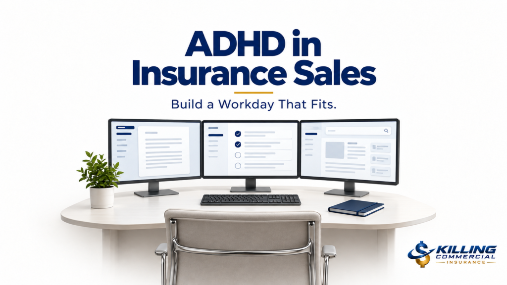 Three-monitor workspace illustrating David Carothers’ approach to designing his workday with ADHD in insurance sales