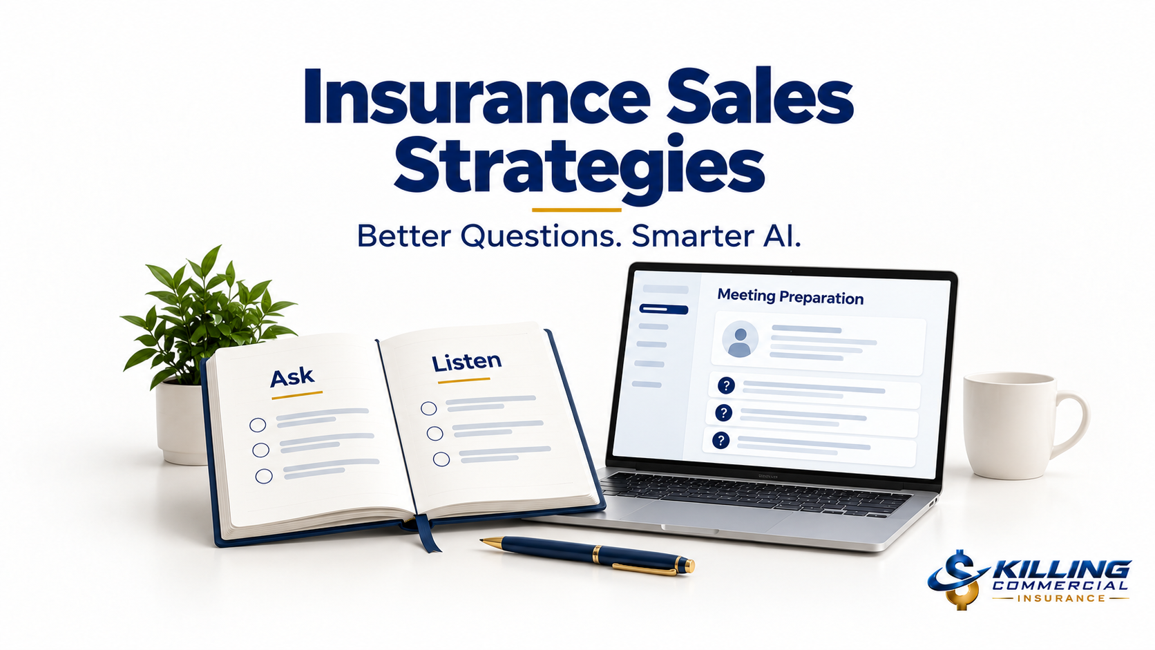 Insurance sales meeting preparation with a laptop and an open notebook emphasizing asking questions and listening.