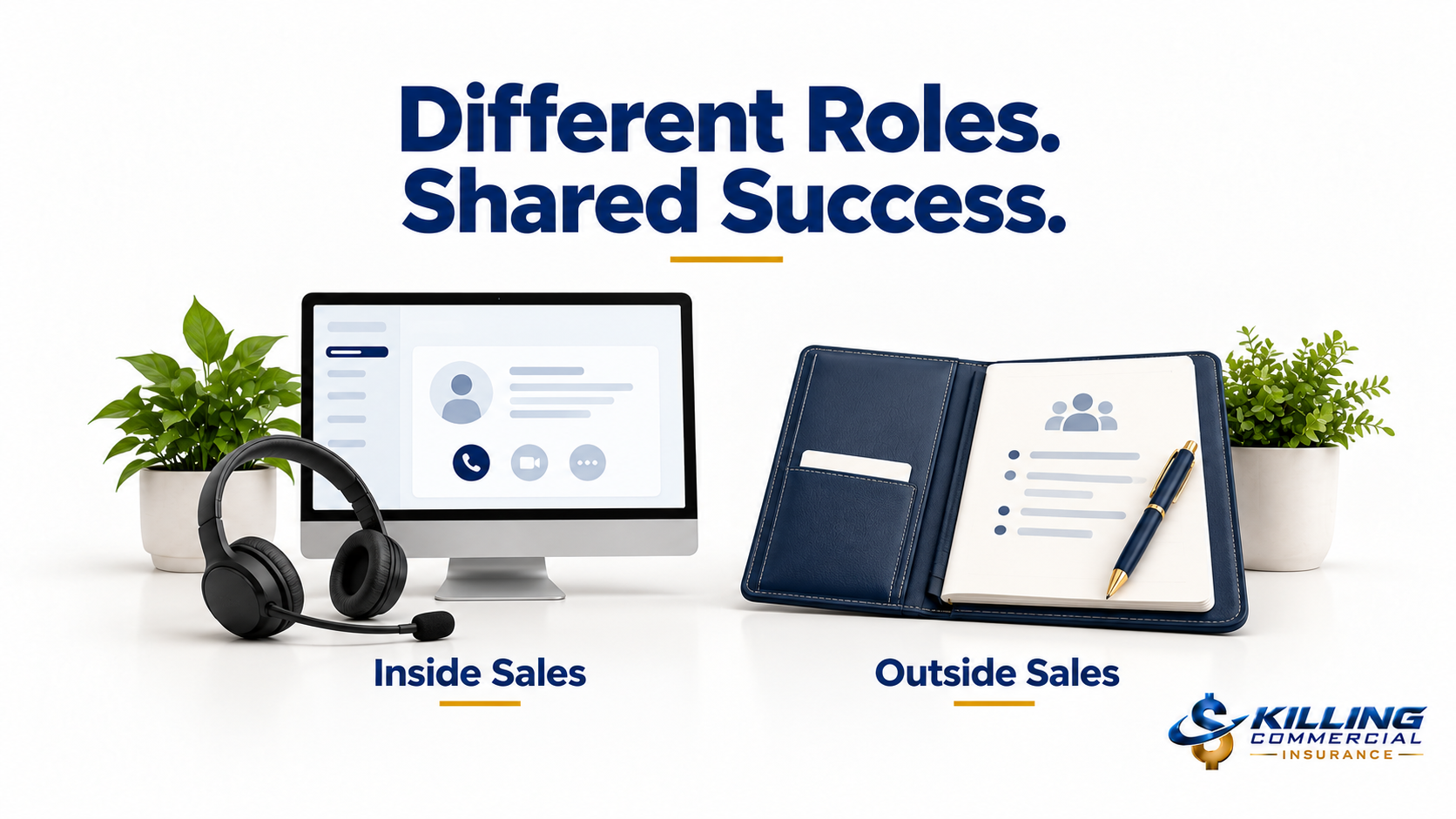 Headset and computer beside a meeting portfolio, representing inside and outside sales contributions to agency success