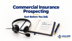 Headset and notebook asking ‘Is there a problem here?’ to illustrate commercial insurance prospecting focused on discovery.