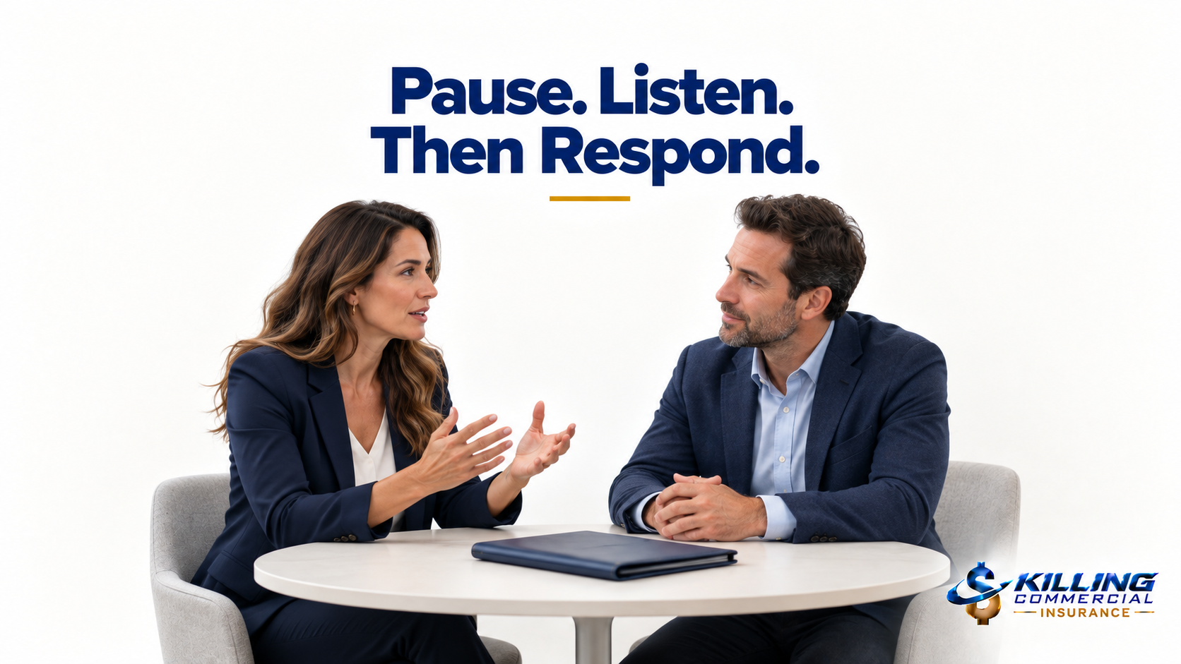 Insurance producer listening attentively while a business owner explains her concerns.