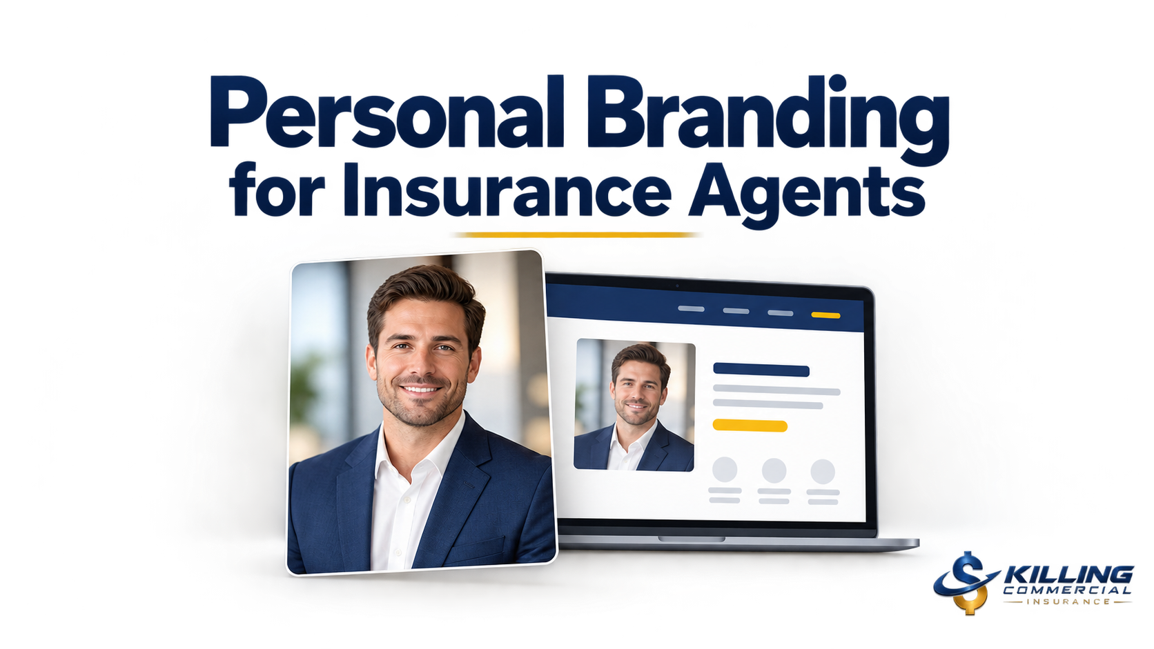 Professional headshot and matching website profile illustrating personal branding for insurance agents