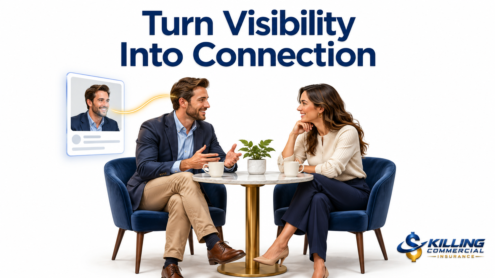 Two professionals connecting in person, with a digital profile illustrating how online visibility supports real relationships