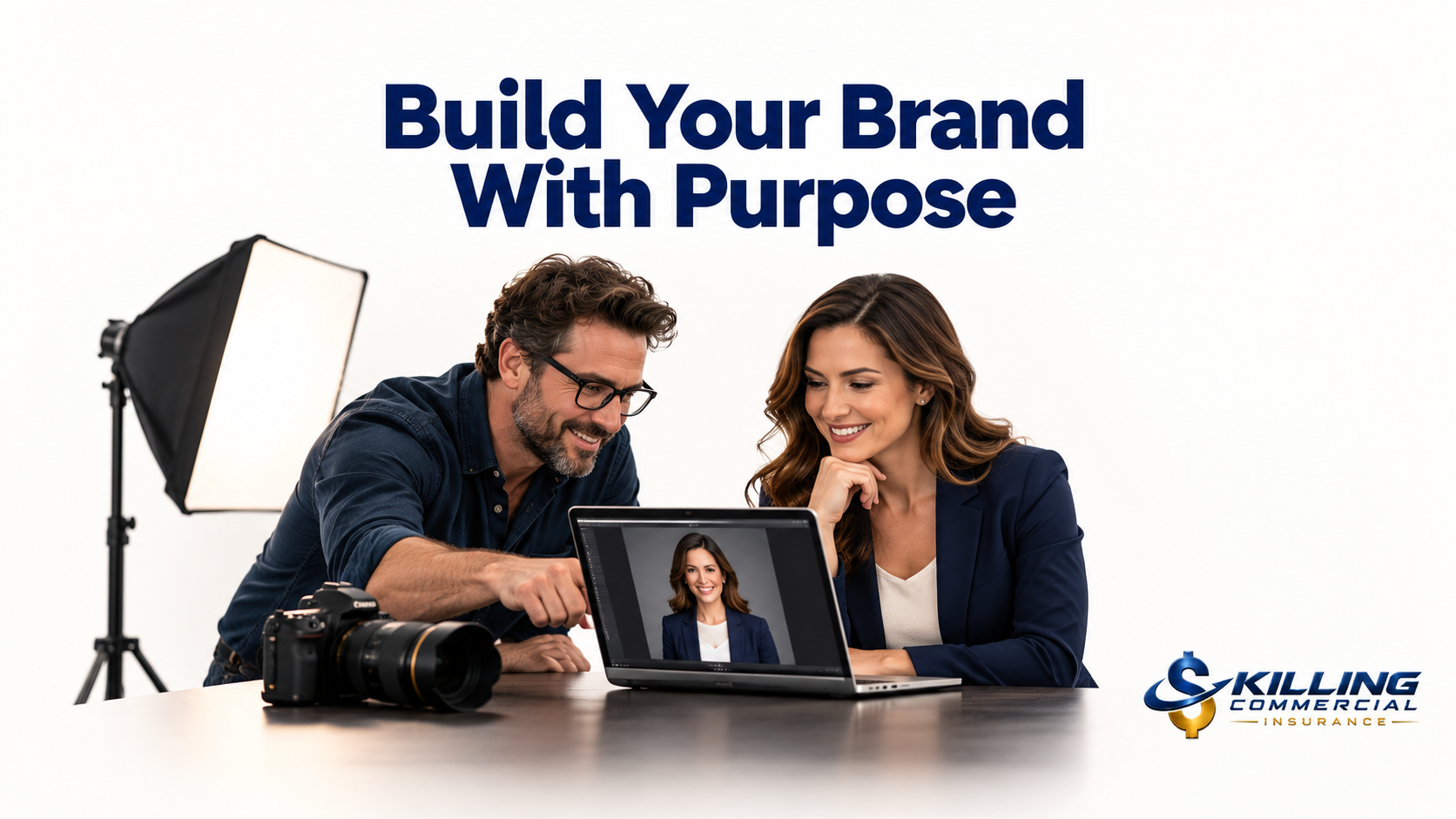 Photographer and insurance professional reviewing a headshot together to support purposeful personal branding.