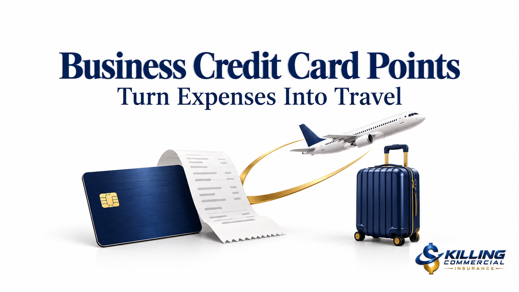 Business credit card and expense receipt alongside an airplane and suitcase, illustrating travel rewards from business spending.