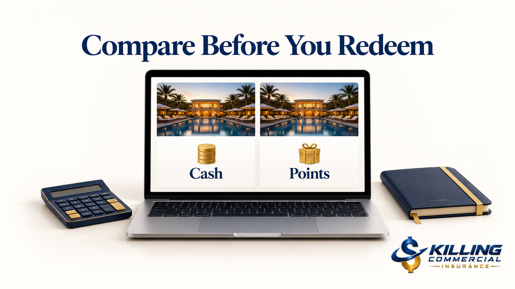 Laptop comparing cash and points options for a hotel stay, with a calculator and travel notebook.