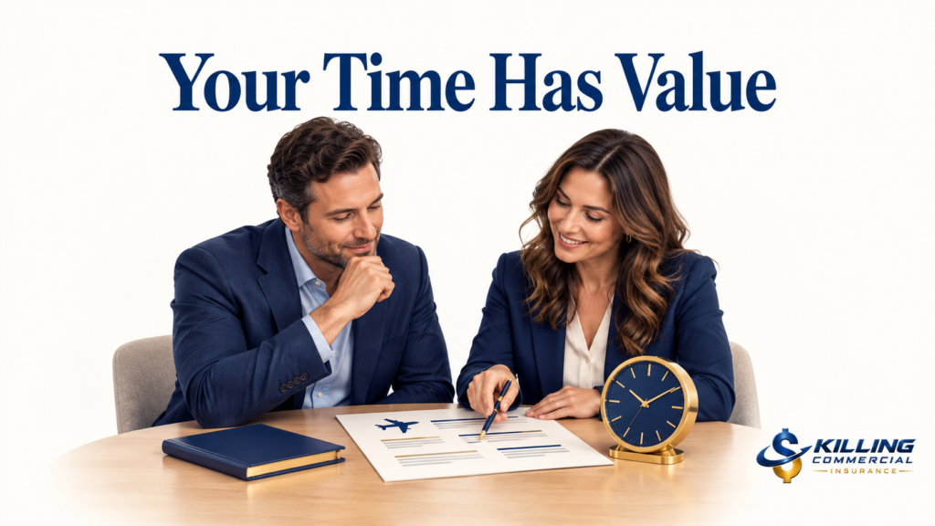 Business owner and travel advisor reviewing an itinerary beside a clock, illustrating the value of time in travel planning.