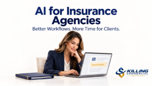 : Insurance account manager reviewing an AI-prepared submission on a laptop, illustrating automation with human oversight.