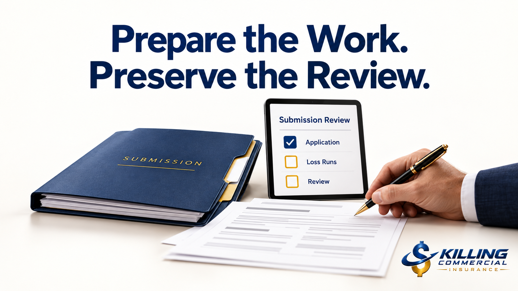 Insurance submission folder and digital checklist beside a professional reviewing documents, illustrating human oversight in automated workflows.