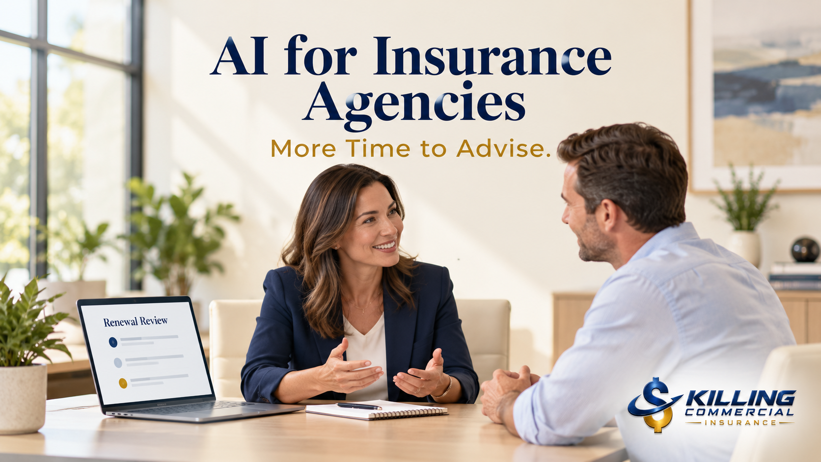 Insurance advisor discussing a client’s needs beside a laptop displaying a renewal review.