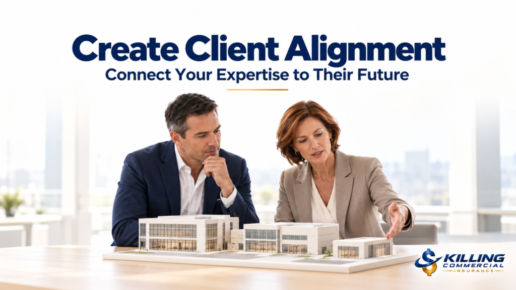 Insurance adviser and business owner discussing expansion plans using a commercial property model.