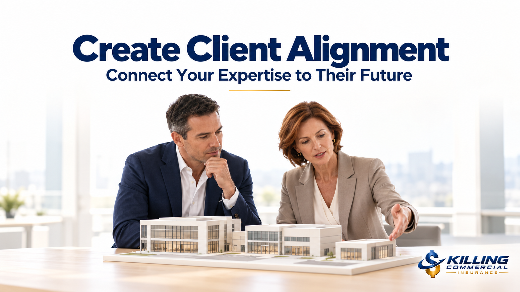 Insurance adviser and business owner discussing expansion plans using a commercial property model.
