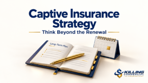 Long-term planning notebook and calendar illustrating a captive insurance strategy beyond renewal.