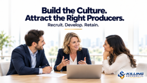 Agency leader coaching two producers, illustrating a culture that supports recruitment, development, and retention.