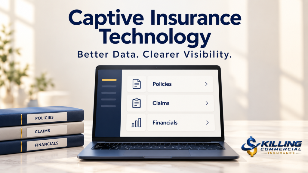 Captive insurance technology dashboard organizing policies, claims, and financial information.