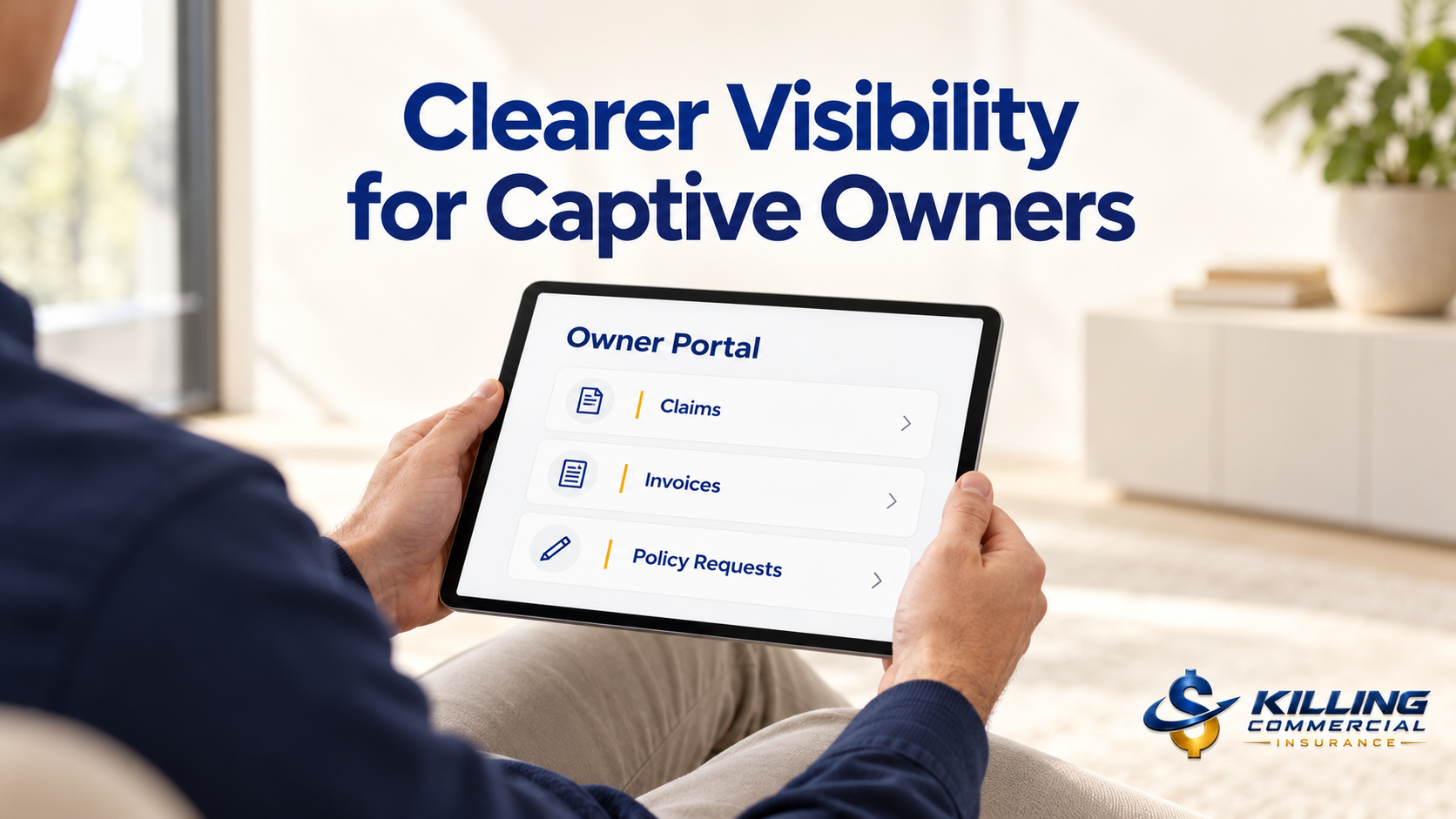 Captive owner viewing claims, invoices, and policy requests through a tablet portal.
