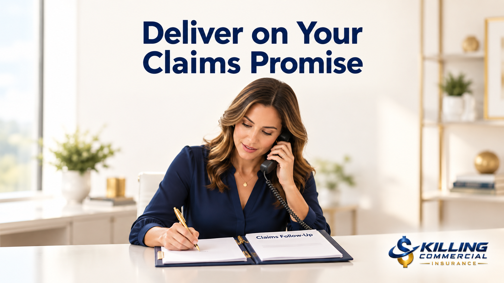 Insurance professional reviewing a claims folder and taking notes during a follow-up call.