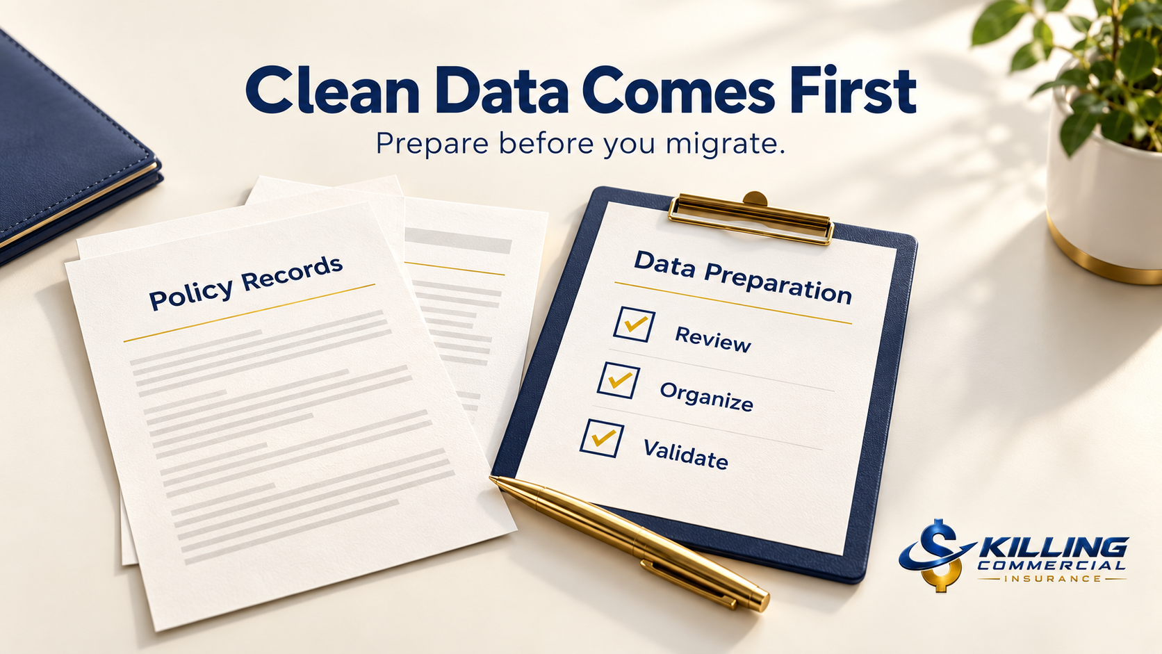 Policy records beside a checklist for reviewing, organizing, and validating captive insurance data before migration.