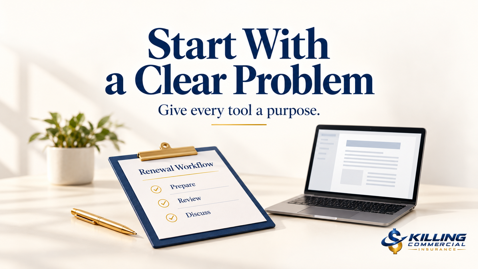 Renewal workflow checklist beside a laptop, illustrating purposeful technology selection for insurance agencies.