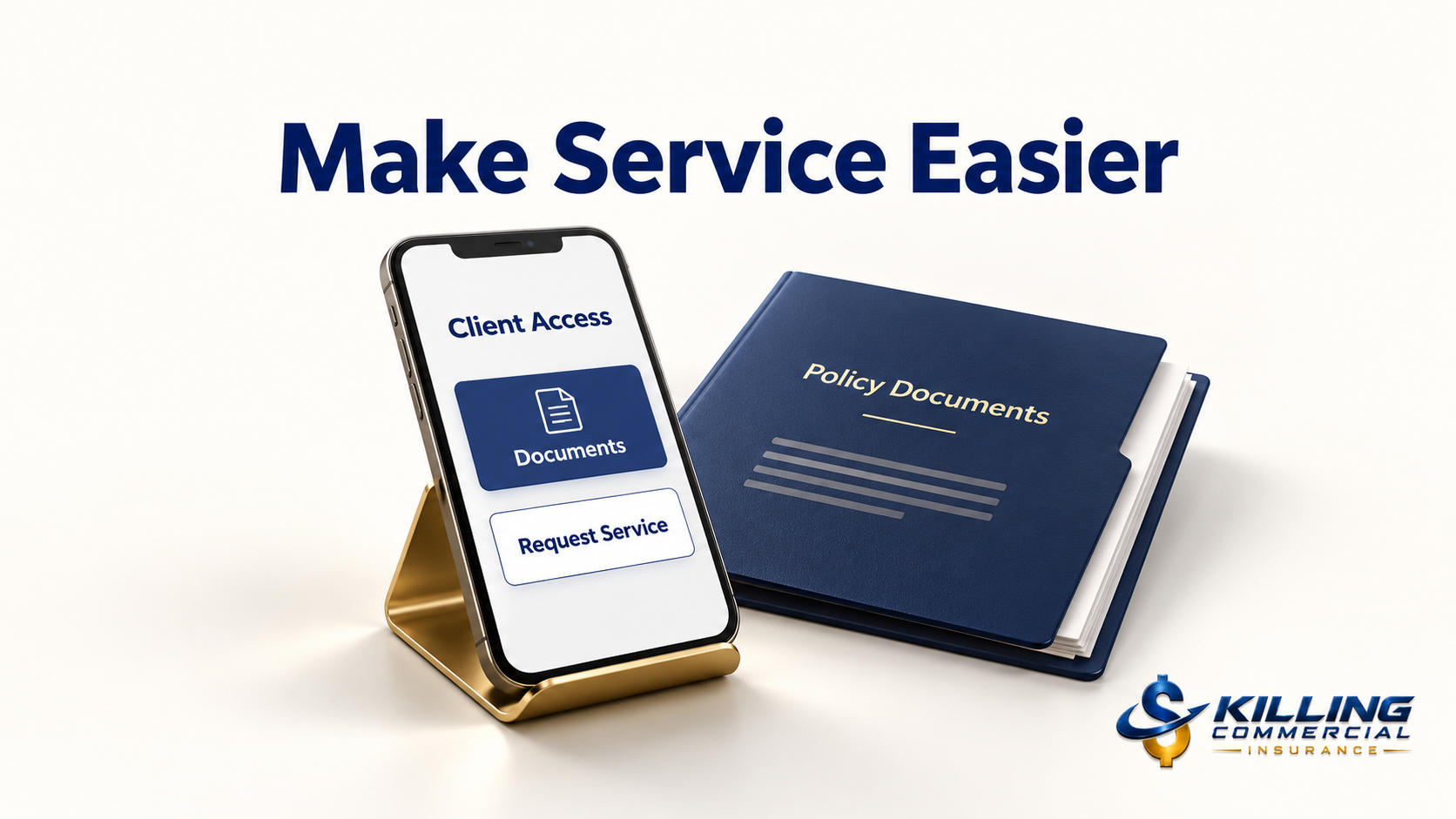 Smartphone displaying document access and service request options beside an insurance policy folder.