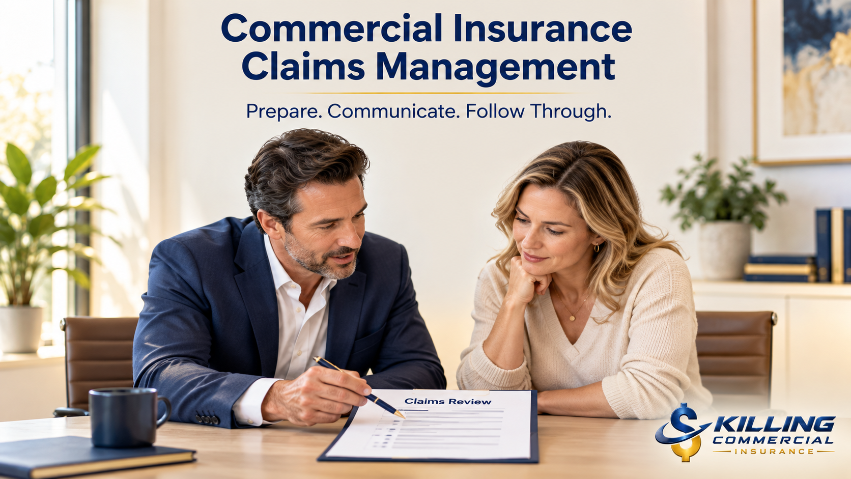 Insurance advisor and business owner reviewing commercial insurance claims and discussing follow-up.