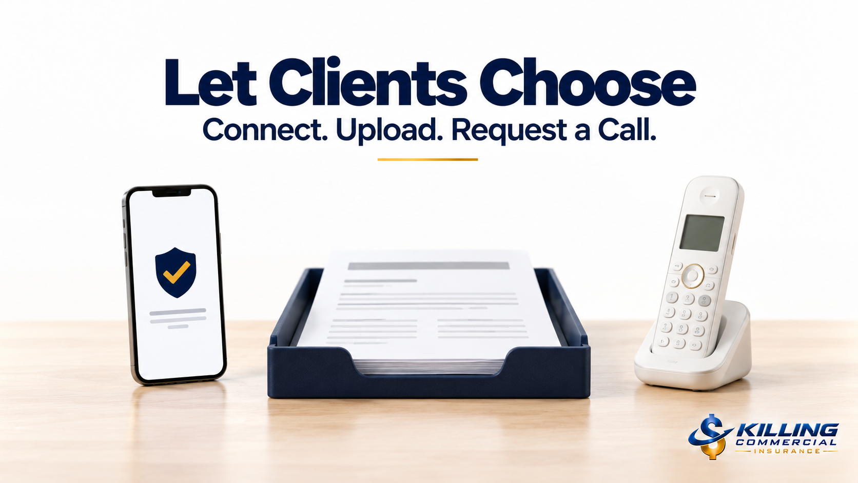 Smartphone, policy documents, and telephone representing different ways to share insurance information.
