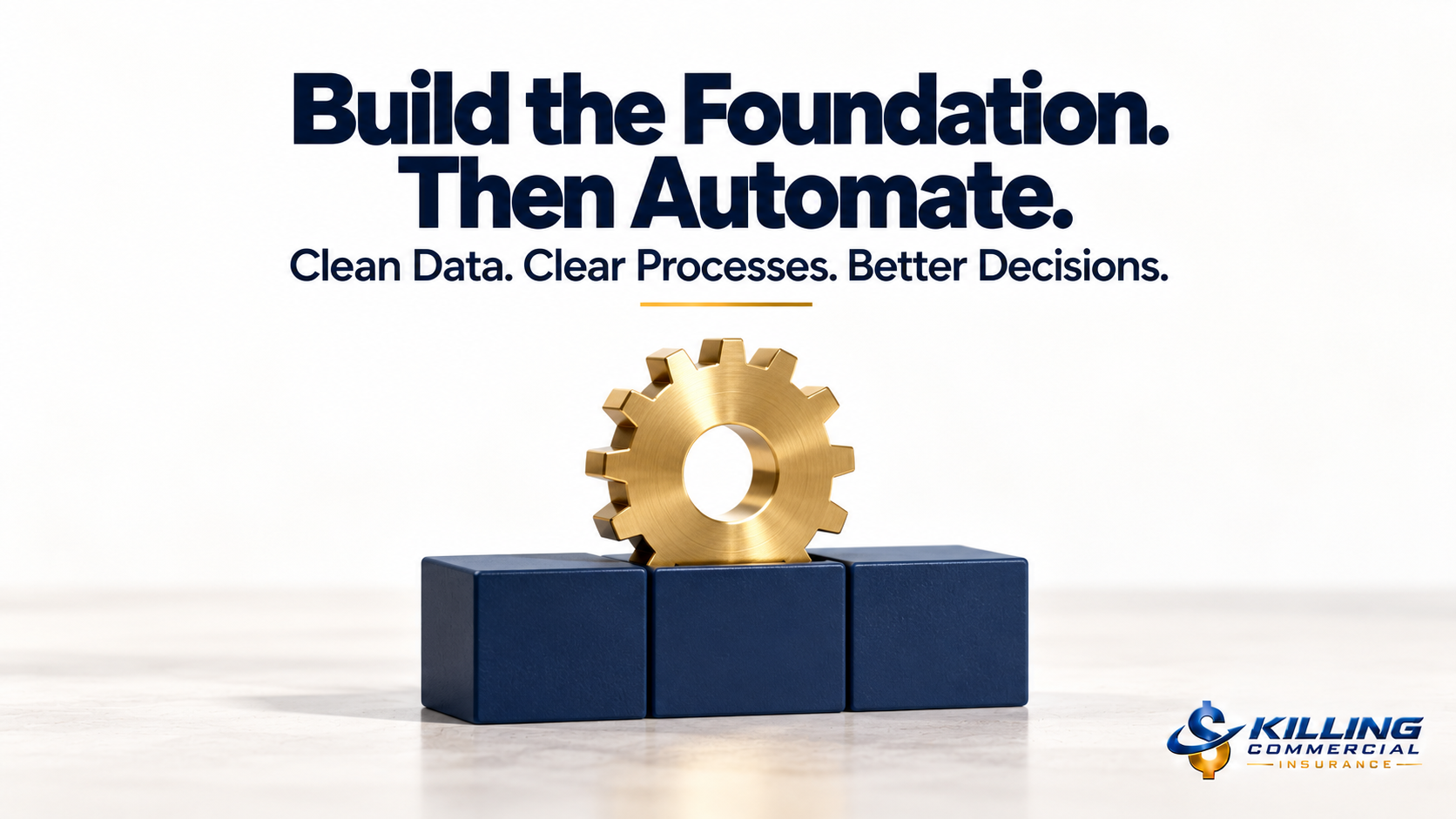 Gold gear supported by navy blocks, symbolizing automation built on clean data and clear processes.