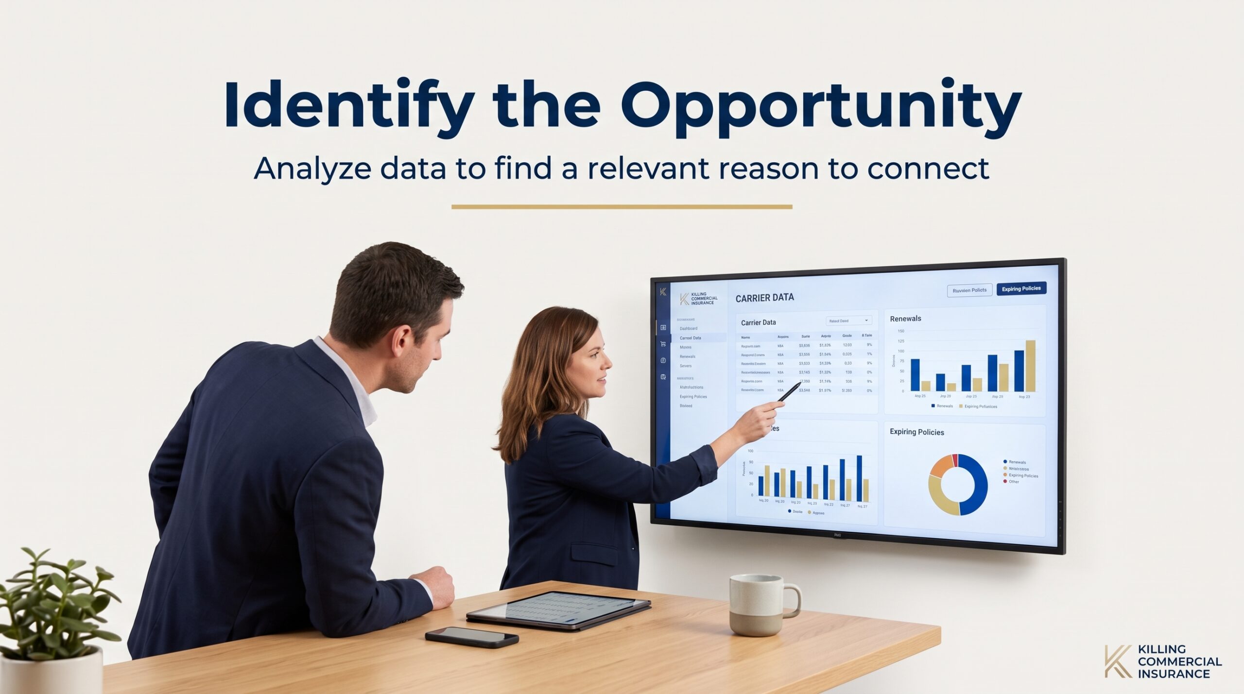 Two insurance professionals, a man and a woman in navy blazers, reviewing digital "CARRIER DATA" and charts on a large wall-mounted screen in a bright, minimalist office setting, with the headline "Identify the Opportunity" and the sub-headline "Analyze data to find a relevant reason to connect".