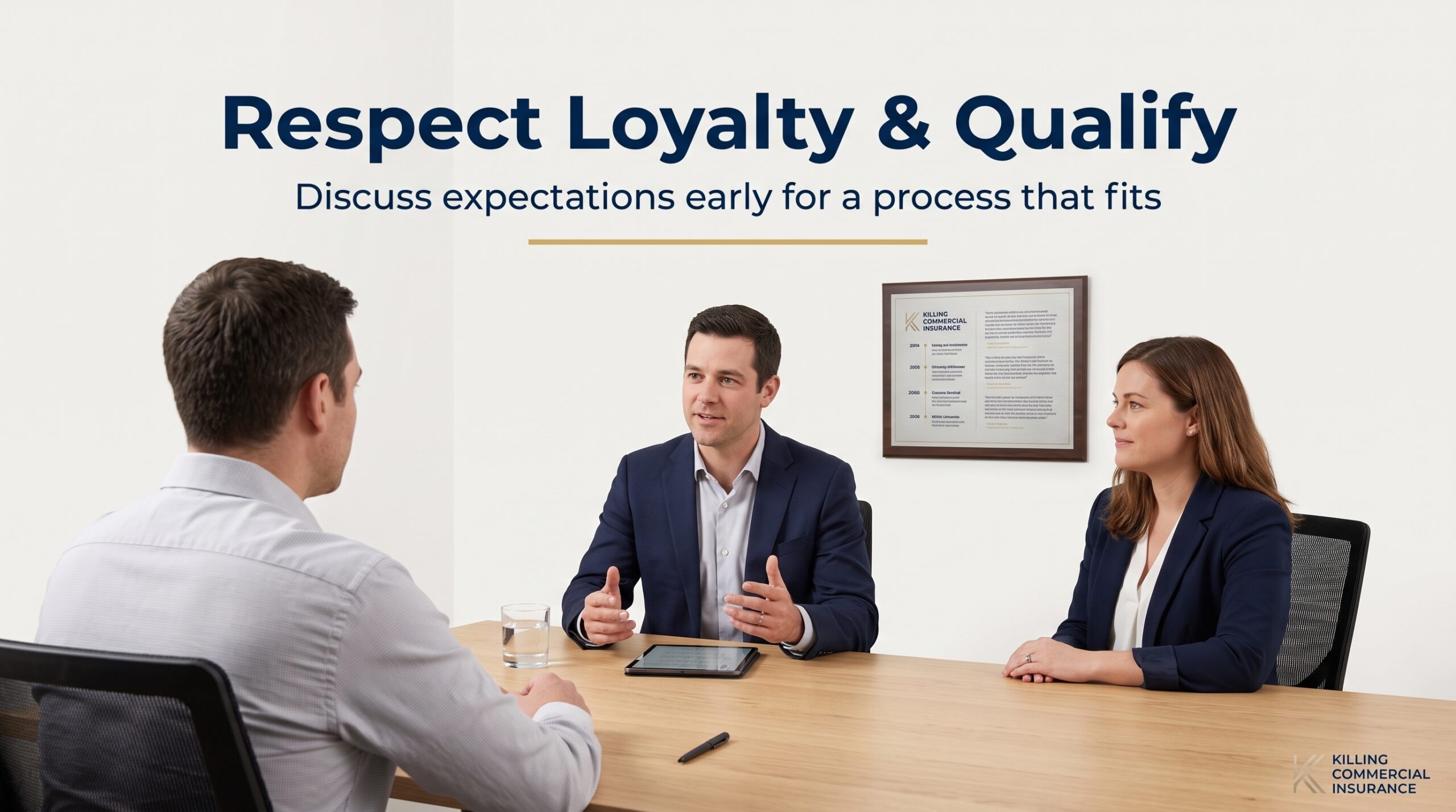 Two insurance professionals (a man and a woman in navy blazers) sitting at a light-wood table, having a thoughtful face-to-face conversation with a client (seen from the back-left shoulder) about business expectations, against a bright minimalist background with the headline "Respect Loyalty & Qualify".