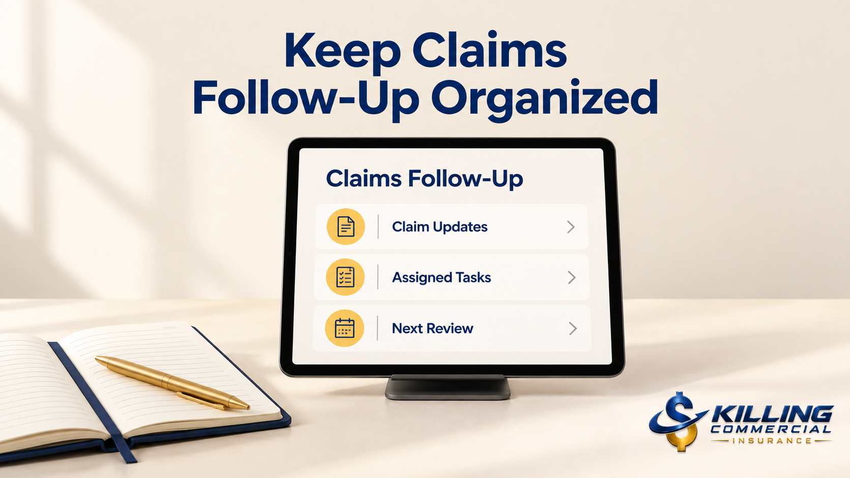 Tablet displaying claim updates, assigned tasks, and review reminders for organized claims follow-up.