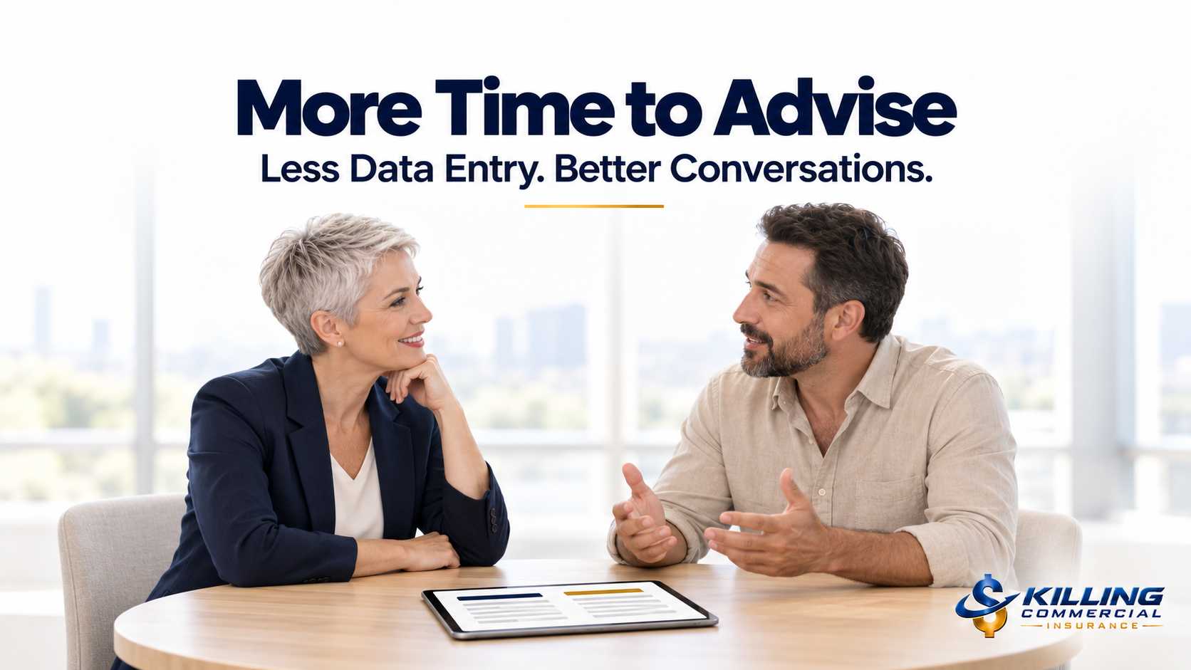 Insurance adviser listening to a business owner with a policy comparison displayed on a tablet.