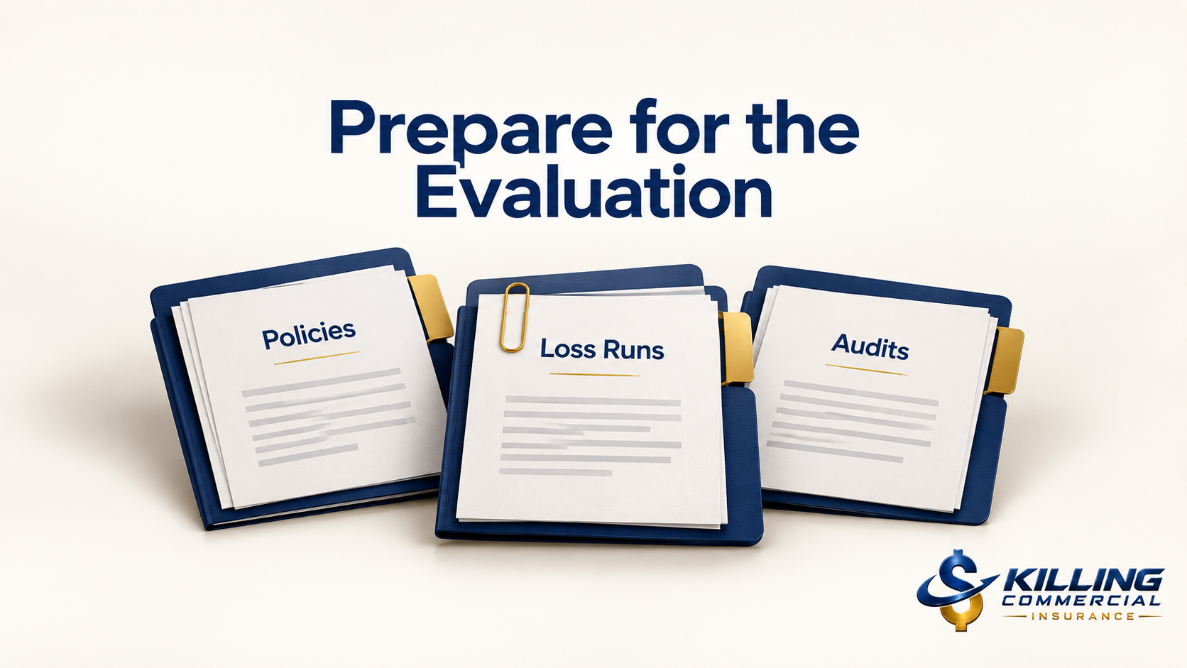Folders containing policies, loss runs, and audits prepared for a captive insurance evaluation.