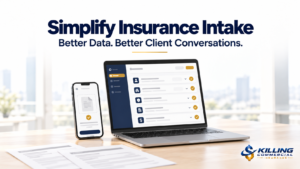 Laptop and smartphone displaying organized insurance intake information beside policy documents.