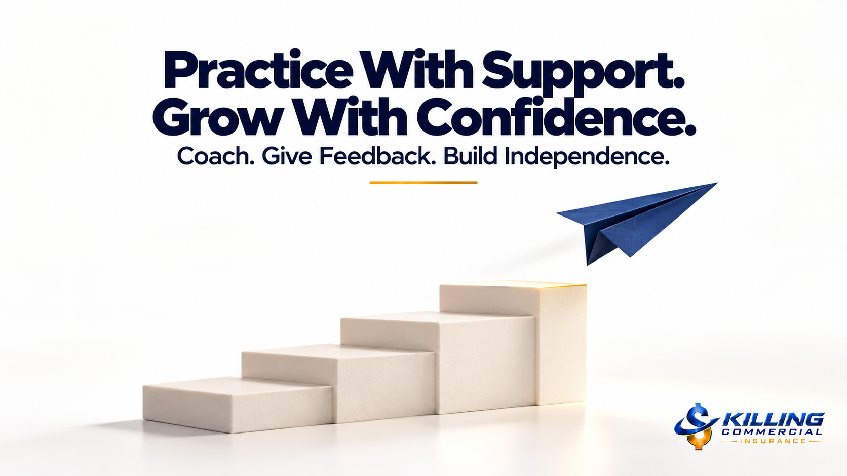 Navy paper airplane rising above four steps, representing employee growth through coaching and supported practice.