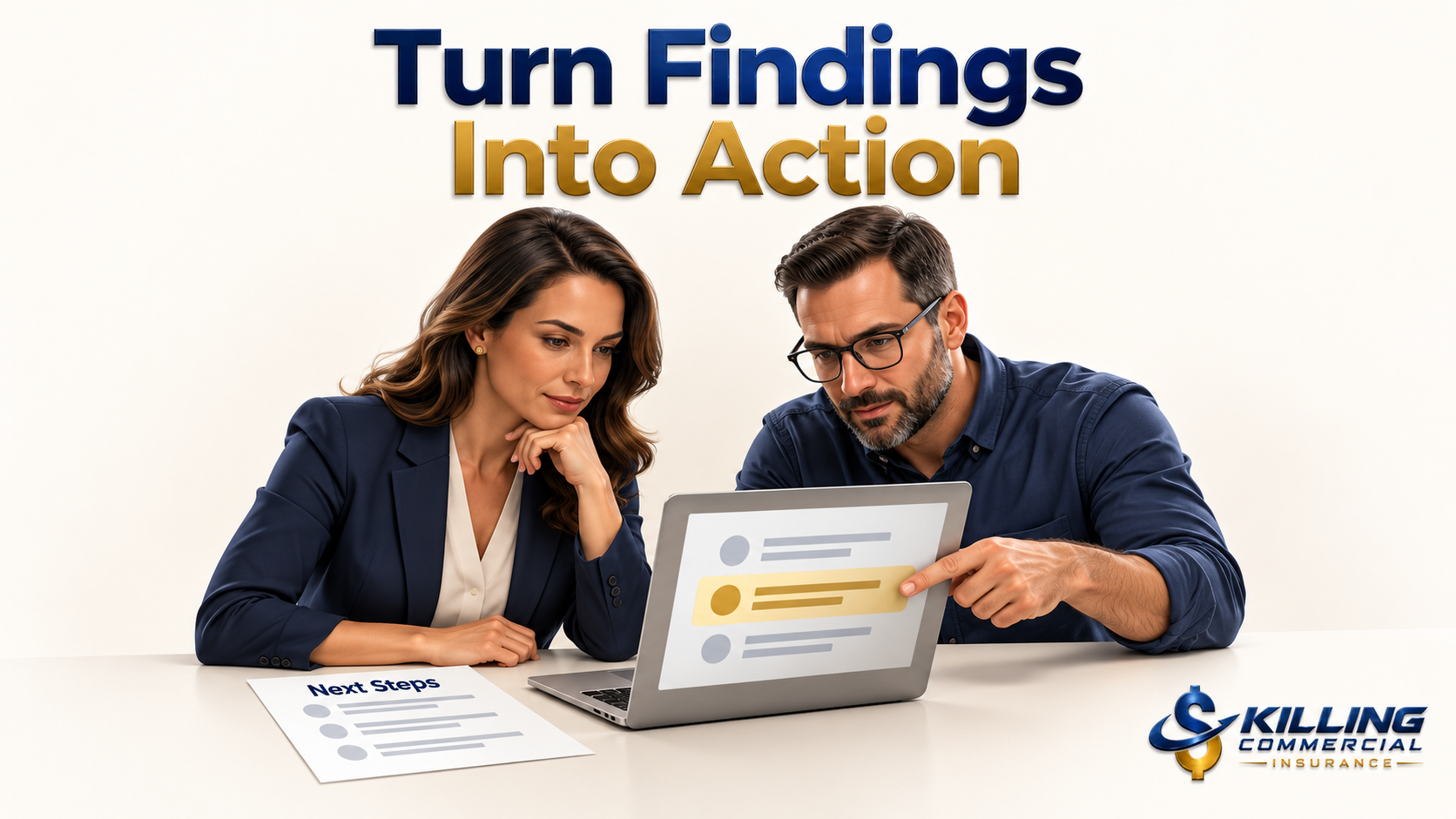 Insurance advisor and IT specialist review cyber security findings and plan next steps together.