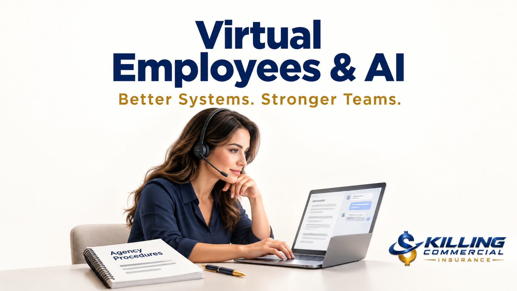 Virtual insurance agency employee using digital tools alongside an agency procedures guide.